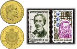 図1　ナポレオン三世を描いた100フランコイン（左）と，フーコー（中），パスツール（右）を描いた切手